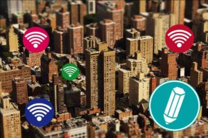 Eine Stadt mit vielen WLAN-Symbolen.