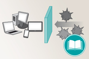 Darstellung von Computern, die durch eine Wand vor Viren geschützt werden (Firewall )