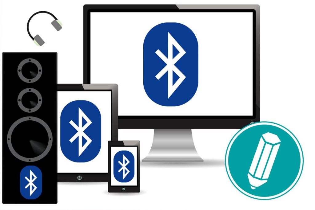 Mehrere Geräte sind abgebildet, auf denen jeweils das Bluetooth-Symbol zu sehen ist.