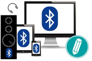 Mehrere Geräte sind abgebildet, auf denen jeweils das Bluetooth-Symbol zu sehen ist.