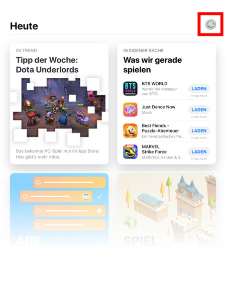 Eine Übersicht der Apps kann im App Store ganz einfach angezeigt werden. Dafür einfach das Benutzerprofil auswählen (siehe rotes Viereck).