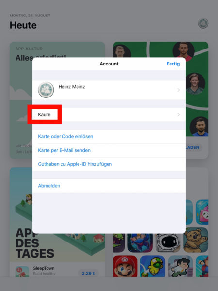 Nun öffnet sich der Account. Unter „Käufe“ (siehe rotes Viereck) werden alle gekauften Apps angezeigt.