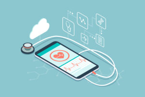 Digital stethoscope connected to a smartphone and icons: innovative medical diagnosis and technology concept