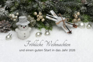 Christmas card: Christmas greetings with a snowman, Christmas balls and skis in the snow. The German inscription translates as Merry Christmas and a good start to 2025.