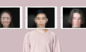 Changing face using AI generated deepfake technology concept. Multiple blurred person face on tablet screen, covering true identity.  Spreading hoax using modern tech.